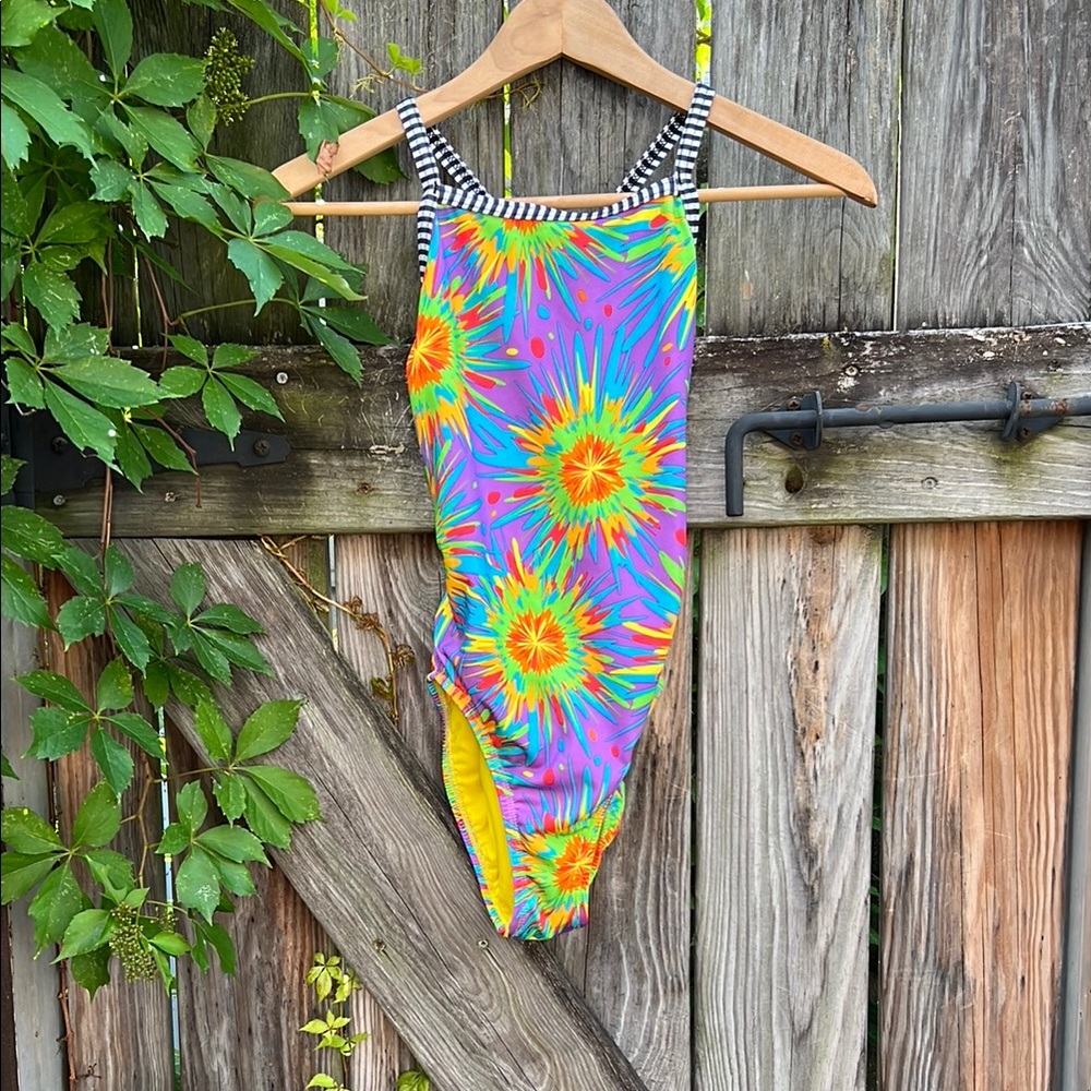 Dolfin Purple and Yellow One Piece Swimsuit Retro Floral Size 30